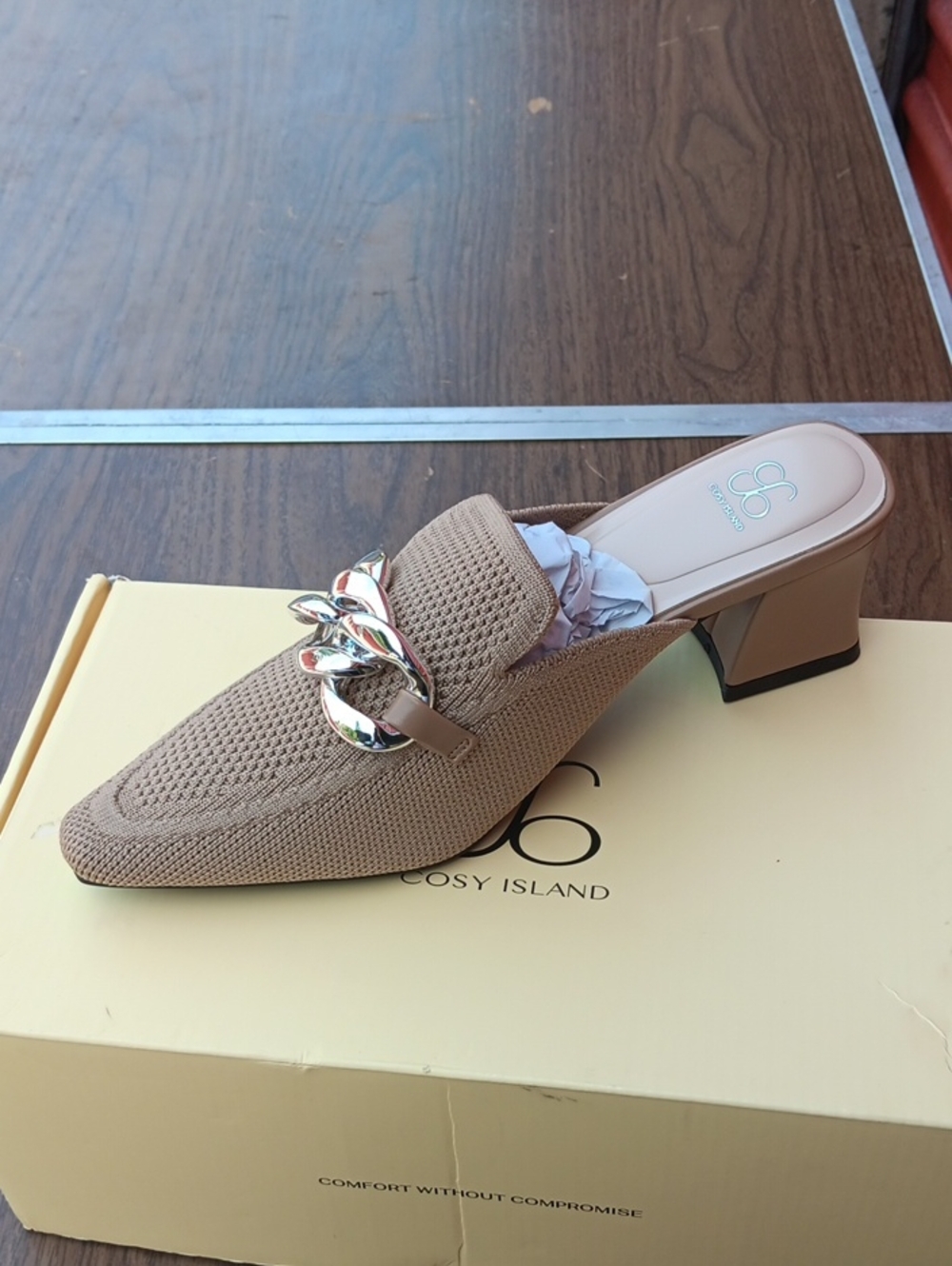 Taupe Knit Chain-Accent Mule